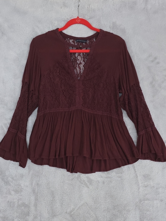 American Eagle Outfitters Tops - American Eagle Burgundy Lace Bell Sleeve Peplum Boho Top